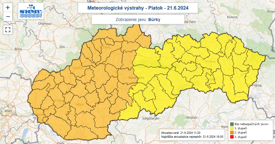 Výstrahy prvého a druhého stupňa pred búrkami vydané na piatok 21. júna 2024