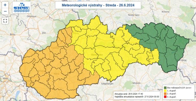 Výstrahy prvého a druhého stupňa pred búrkami na stredu 26 júna 2024