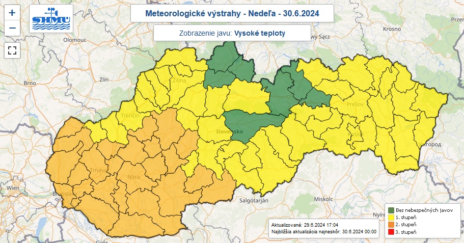Výstrahy prvého a druhého stupňa pred vysokými teplotami vydané na nedeľu 30 júna 2024