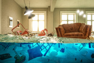 Living room flooded with floating chair and no one above.