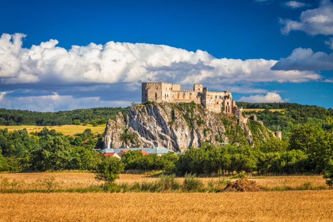 Medieval castle Beckov with surrounding landscape.