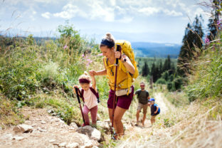 Family with small children hiking outdoors in summer nature, walking in High Tatras.