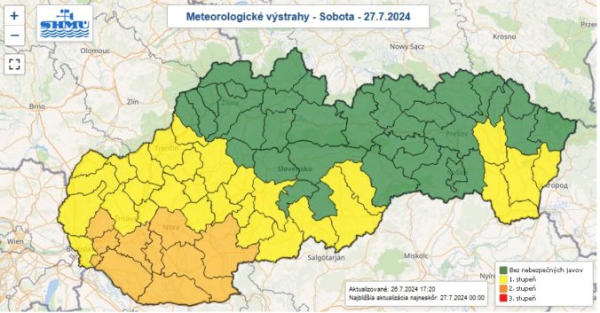 Na sobotu 27. júla 2024 sú vydané výstrahy prvého a druhého stupňa pred vysokými teplotami.