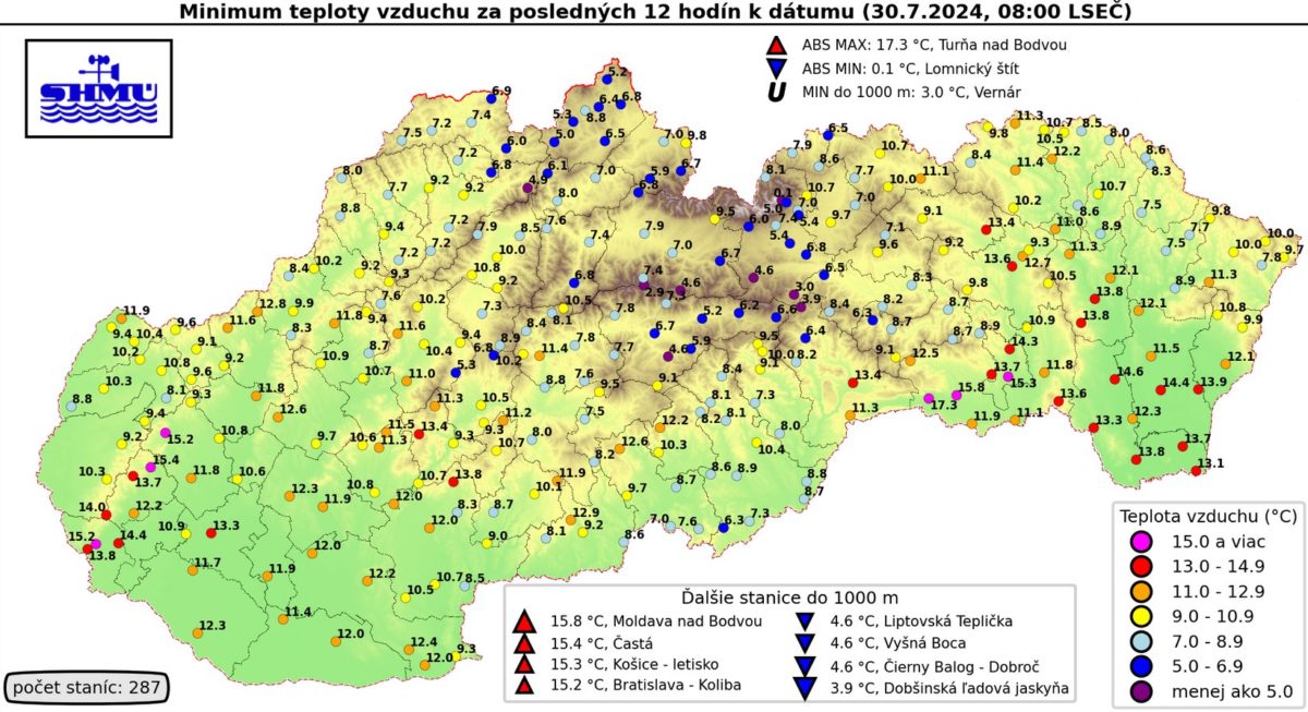 Ranné teploty na Slovensku, utorok 30. júl 2024
