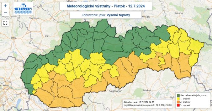 Varovanie prvého a druhého stupňa pred vysokými teplotami na piatok 12. júla 2024