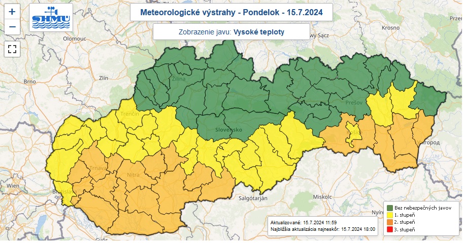 Varovanie prvého a druhého stupňa pred vysokými teplotami vydané na pondelok 15. júla 2024.