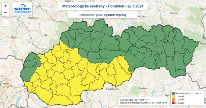 Varovanie prvého stupňa pred vysokými teplotami vydané na pondelok 22. júla 2024