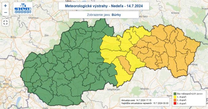 Výstraha prvého a druhého stupňa pred búrkami vydaná na nedeľu 14. júla 2024