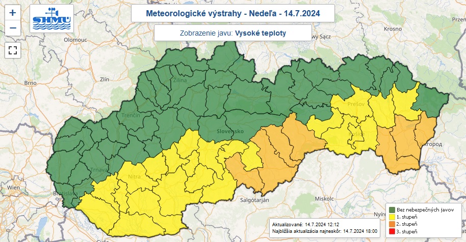Výstraha prvého a druhého stupňa pred vysokými teplotami na nedeľu 14. júla 2024