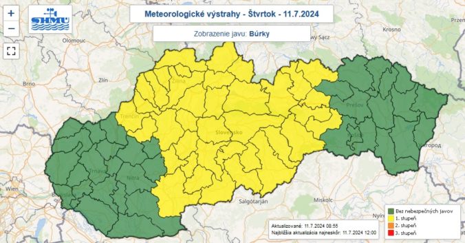 Výstraha prvého stupňa pred búrkami vydaná na 11. júla 2024