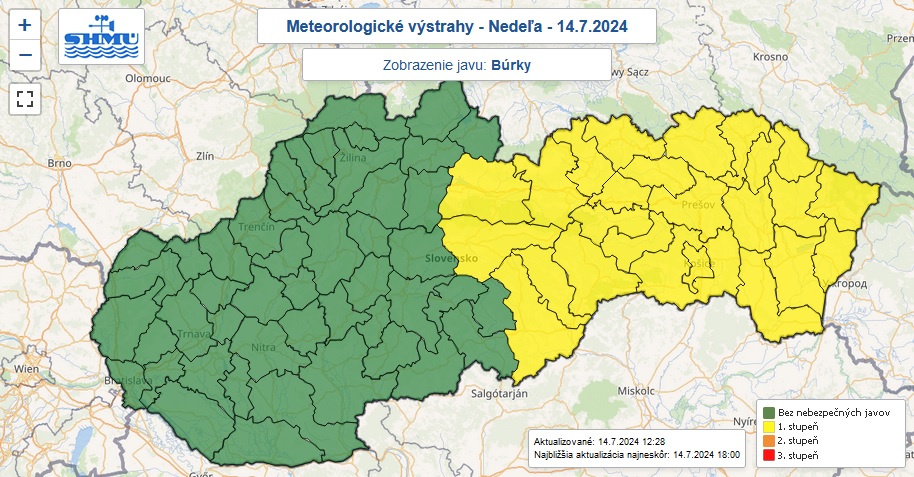 Výstraha prvého stupňa pred búrkami vydaná na nedeľu 14. júla 2024.