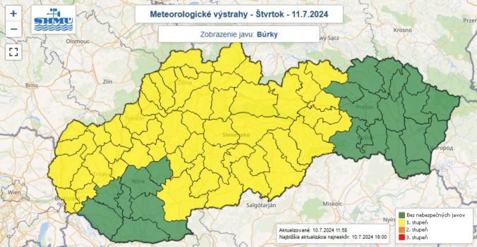 Výstraha prvého stupňa pred búrkami vydaná na štvrtok 11. júla 2024