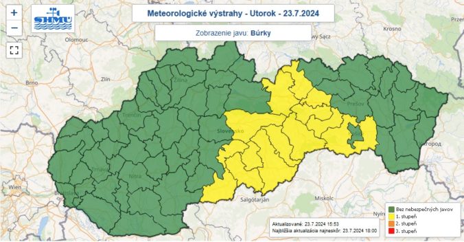 Výstraha prvého stupňa pred búrkami vydaná na utorok 23. júla popoludnie.