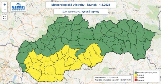 Výstraha prvého stupňa pred vysokými teplotami vydané na štvrtok 1. augusta 2024.