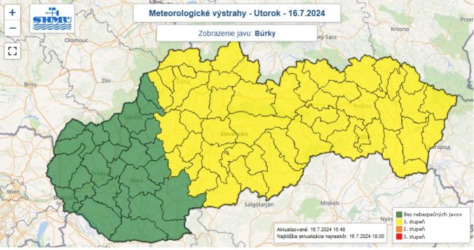 Výstraha prvého stupňa vydané pre utorok 16. júla 2024 popoludnie a večer.