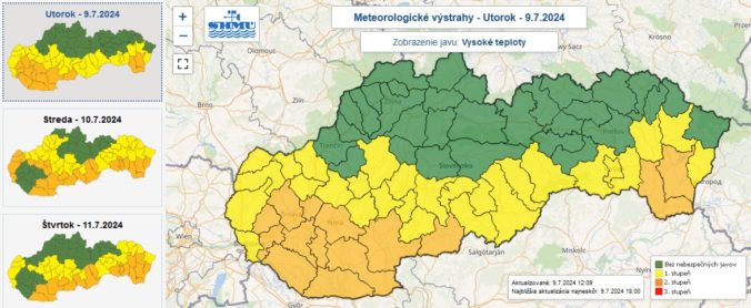 Výstrahy pred vysokými teplotami vydané na 9. júla 2024