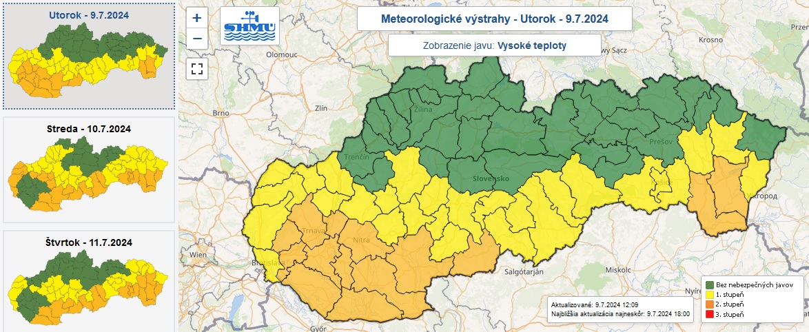Výstrahy pred vysokými teplotami vydané na 9. júla 2024