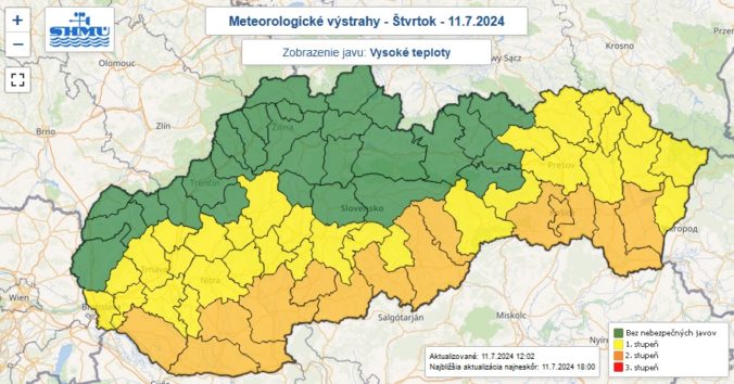 Výstrahy prvého a druhého stupňa na štvrtok 11. júla 2024 popoludnie