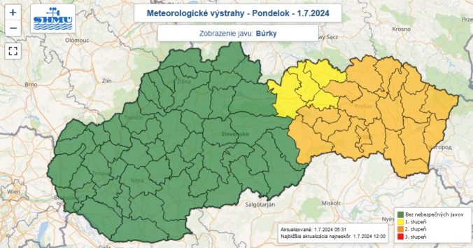 Výstrahy prvého a druhého stupňa pred búrkami vydané na 1. júla 2024