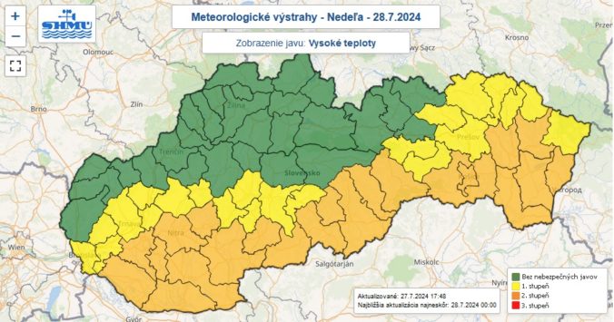 Výstrahy prvého a druhého stupňa pred vysokými teplotami vydané na nedeľu 28. júla 2024.