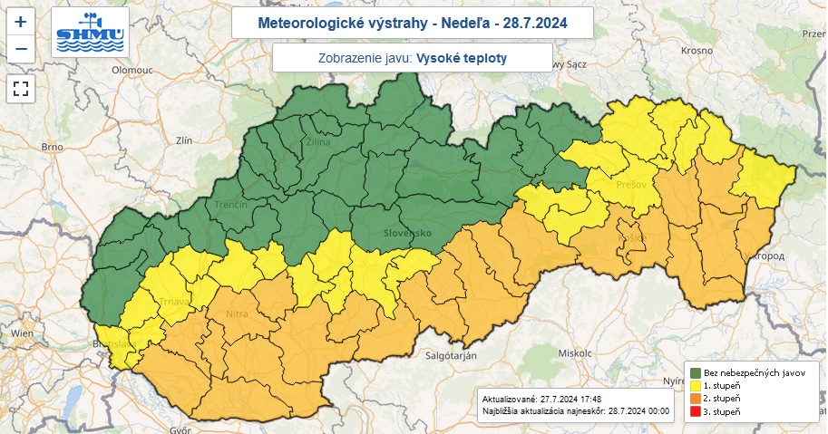 Výstrahy prvého a druhého stupňa pred vysokými teplotami vydané na nedeľu 28. júla 2024.