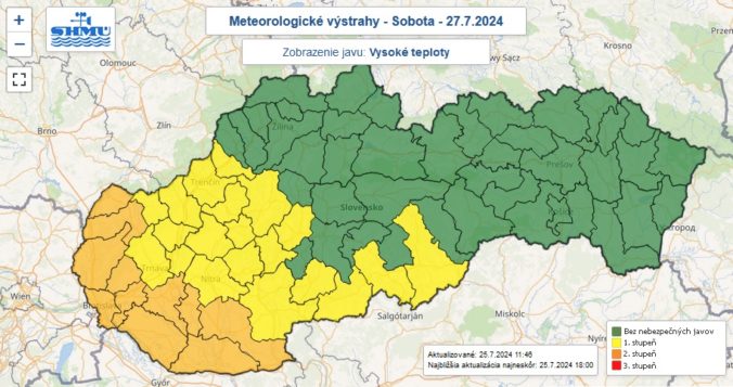 Výstrahy prvého a druhého stupňa pred vysokými teplotami vydané na sobotu 27. júla 2024.