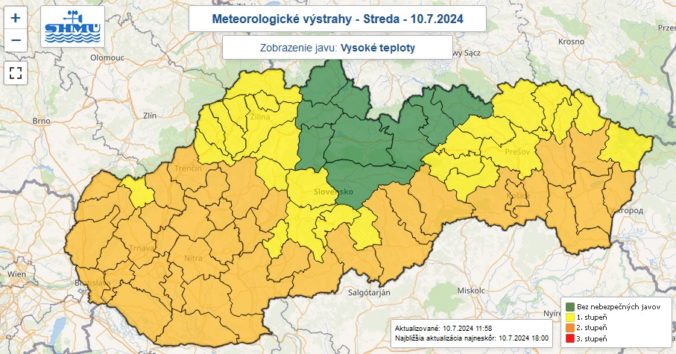 Výstrahy prvého a druhého stupňa pred vysokými teplotami vydané na stredu 10. júla 2024