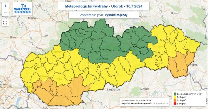 Výstrahy prvého a druhého stupňa pred vysokými teplotami vydané na utorok 16. júla 2024