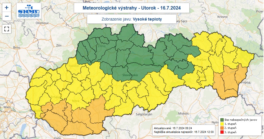 Výstrahy prvého a druhého stupňa pred vysokými teplotami vydané na utorok 16. júla 2024