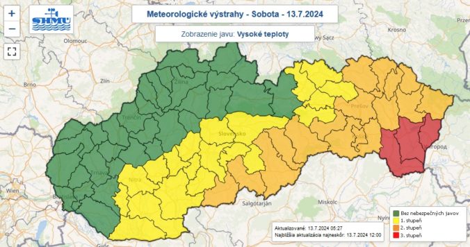 Výstrahy prvého, druhého a tretieho stupňa pred vysokými teplotami na sobotu 13. júla 2024