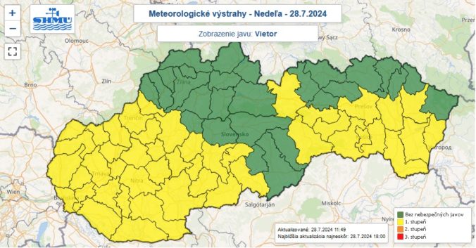 Zaktualizovaná výstraha prvého stupňa pred silným vetrom vydaná na nedeľu 28. júla 2024.