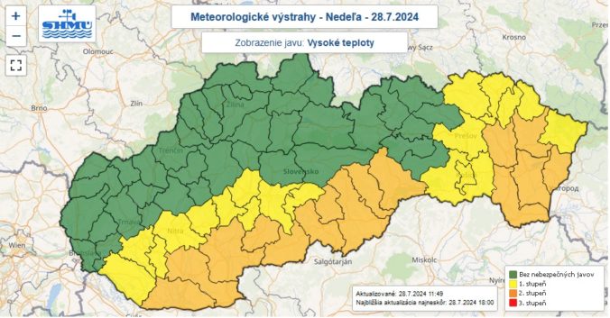 Zaktualizované výstrahy prvého a druhého stupňa pred vysokými teplotami vydané na nedeľu 28. júla 2024.