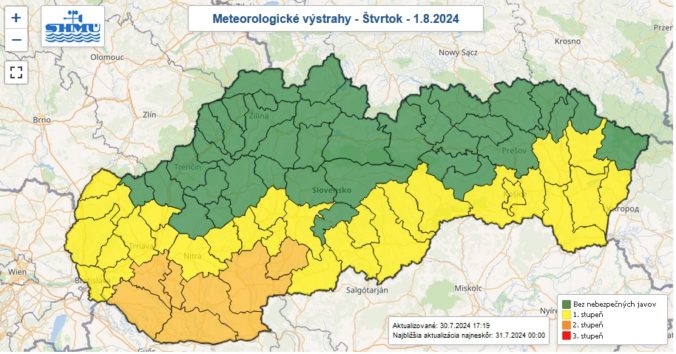 Zaktualizované výstrahy prvého a druhého stupňa pred vysokými teplotami vydané na štvrtok 1. augusta 2024.