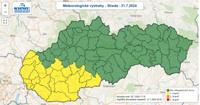 Zaktualizované výstrahy prvého stupňa pred vysokými teplotami vydané na stredu 31. júla 2024.