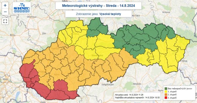 Aktuálne varovania prvého, druhého a tretieho stupňa pred vysokými teplotami na stredu 14. augusta 2024.