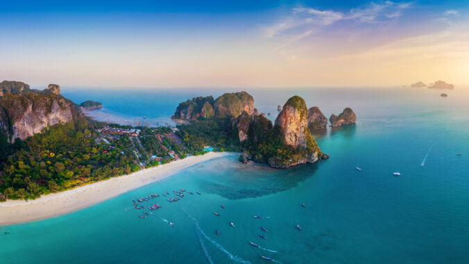 Panorama of Railey Beach at sunset, Krabi, Thailand.