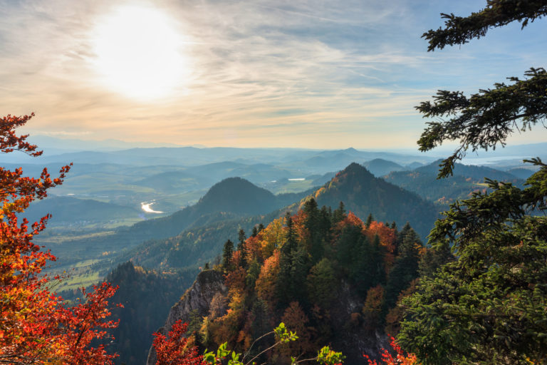 Pieniny Mountains in the frame of autumnal leaves. Poland