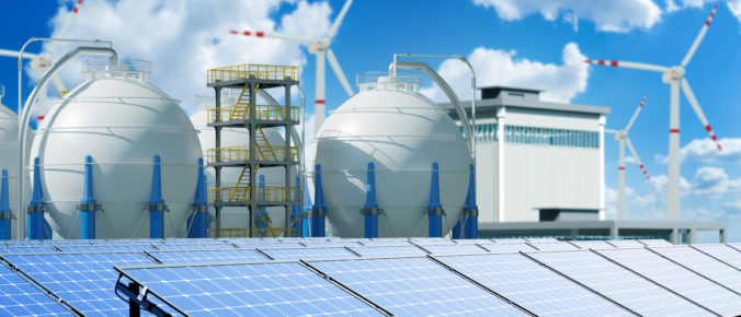 Eco power plant. Solar panels. Wind turbines. Power plant with windmills. Production eco fuel. Green energy. Environmentally power plant in summer weather. Spherical gas storage tanks. 3d image