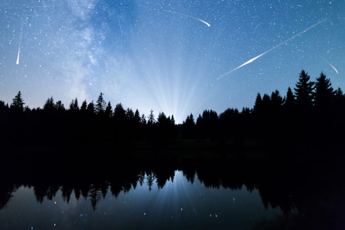 Falling stars Lake pine trees silhouette Milky Way