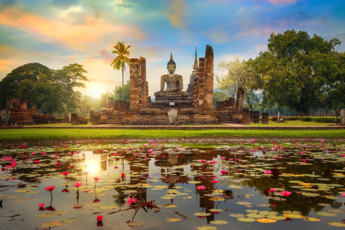 Wat Mahathat Temple in the precinct of Sukhothai Historical Park, a UNESCO World Heritage Site in Thailand