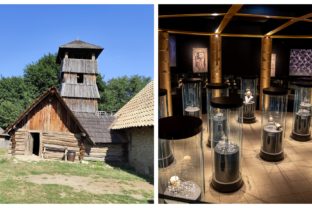 Left image shows a wooden church with a tower in the Archeoskanzen Modrá, surrounded by greenery and blue sky. Right image displays the interior of the Great Moravian Treasury, with illuminated glass display cases showcasing ancient artifacts under soft lighting.