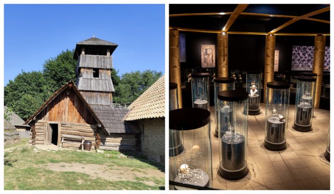 Left image shows a wooden church with a tower in the Archeoskanzen Modrá, surrounded by greenery and blue sky. Right image displays the interior of the Great Moravian Treasury, with illuminated glass display cases showcasing ancient artifacts under soft lighting.