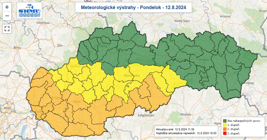 Varovania prvého a druhého stupňa pred vysokými teplotami vydané na pondelok 12. augusta 2024.