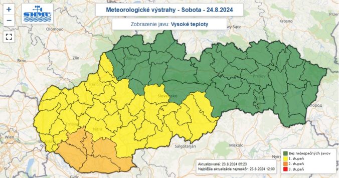 Varovania prvého a druhého stupňa pred vysokými teplotami vydané na sobotu 24. augusta 2024.