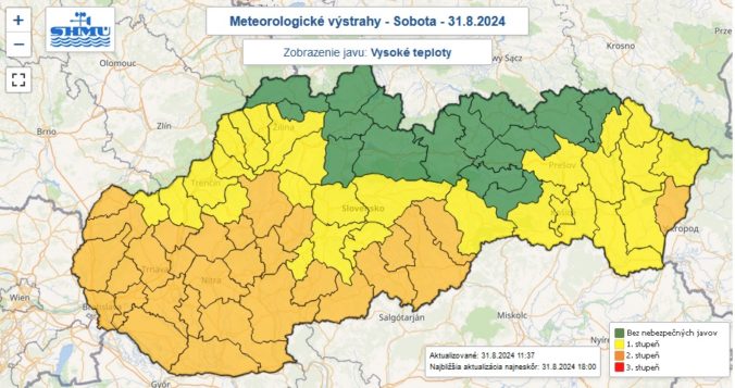 Varovania prvého a druhého stupňa pred vysokými teplotami vydané na sobotu 31. augusta 2024.