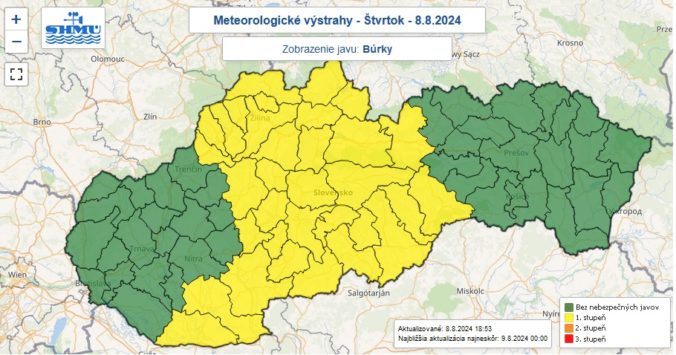 Varovanie prvého stupňa pred búrkami vydané na štvrtok 8. augusta večer.