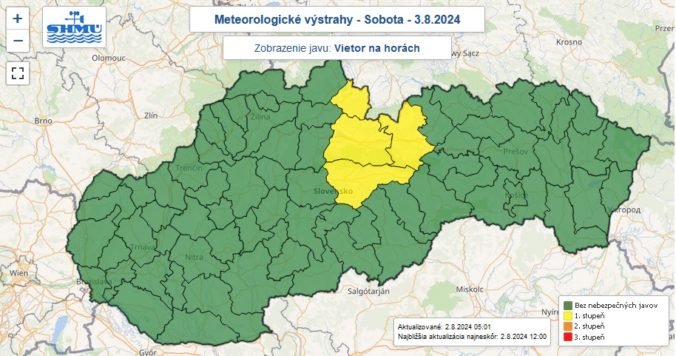 Varovanie prvého stupňa pred silným vetrom vydané na sobotu 3. augusta 2024.