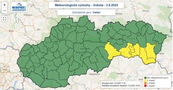 Výstraha pred silným vetrom vydaná na sobotu 3. augusta 2024