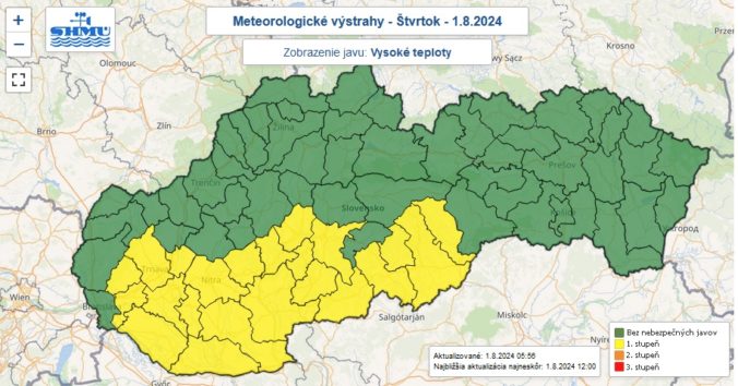 Výstraha pred vysokými teplotami vydaná na štvrtok 1. augusta 2024.