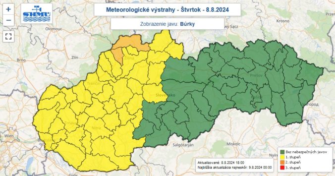 Výstraha prvého a druhého stupňa pred búrkami vydaná na štvrtok 8. augusta 2024.